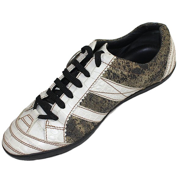 Christian Dior Taupe White Croc Distressed Canvas Lace-Up Low Profile Sneaker - Picture 4 of 11
